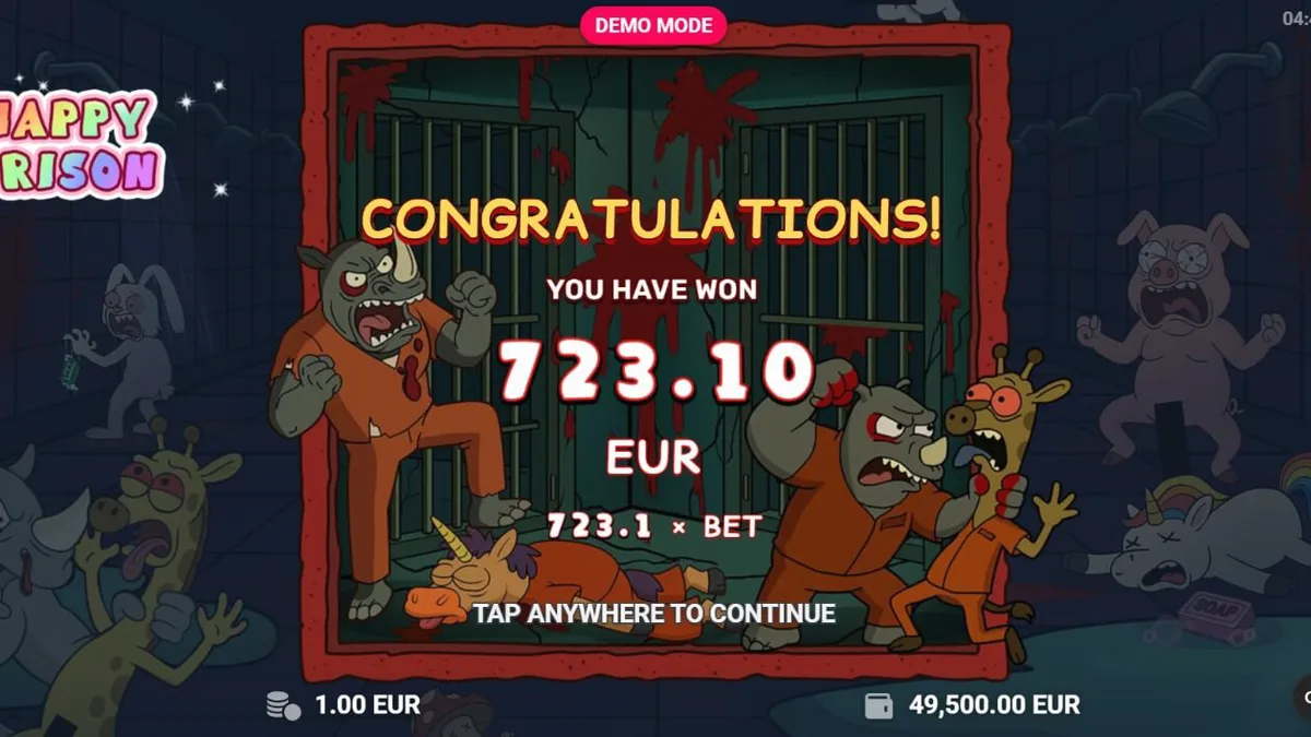 Tampilan visual slot Happy Prison dengan karakter kartun unik di balik jeruji besi.