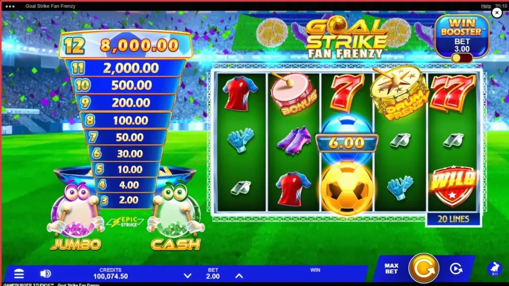 Tampilan visual slot Goal Strike Fan Frenzy dengan tema stadion sepak bola